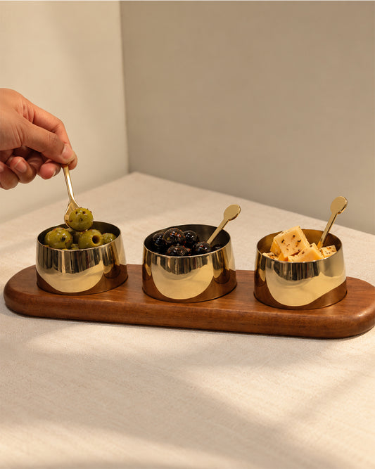 Condiment Bowl set with spoon and Wooden Tray