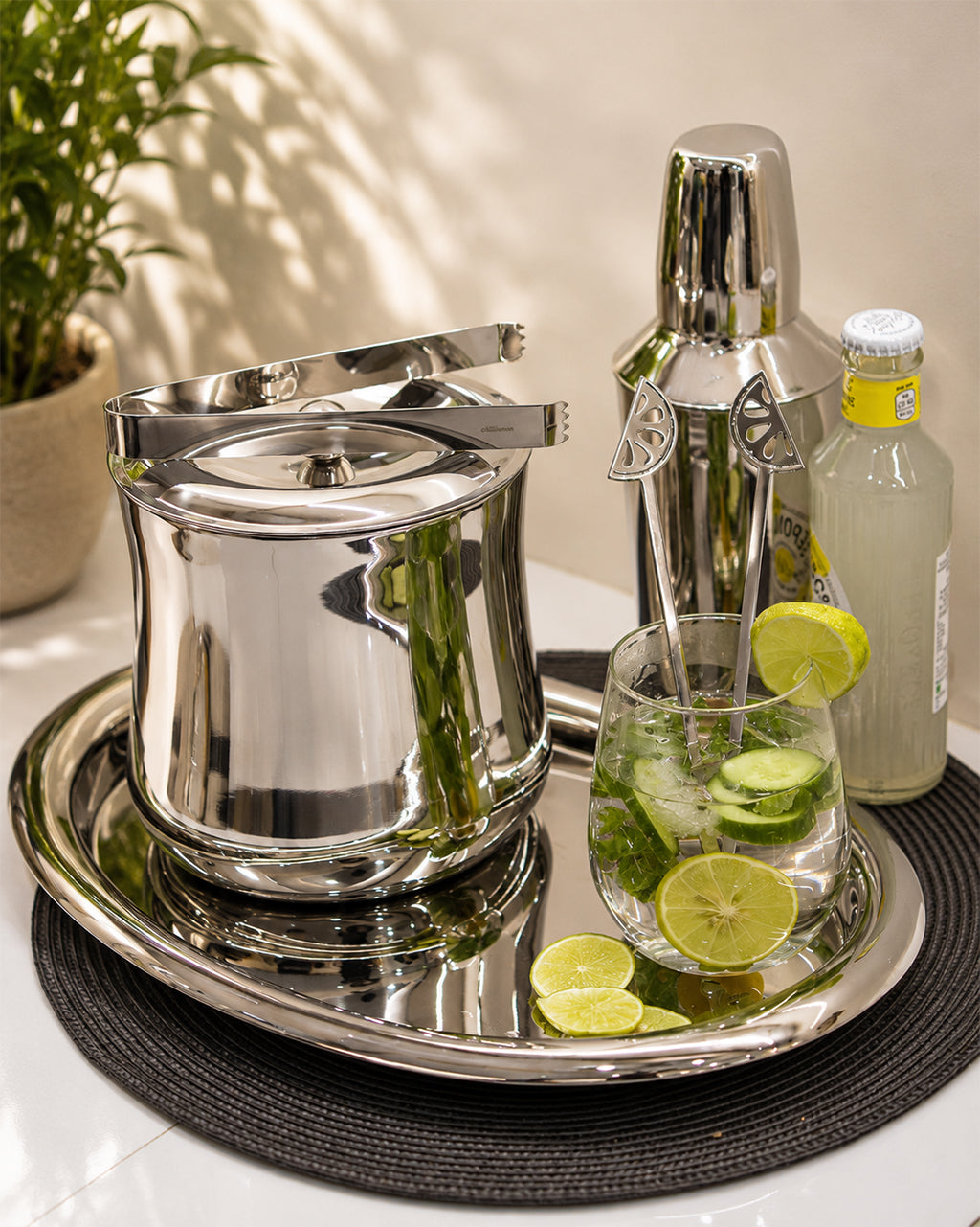 Cylindrical Double Walled Ice Bucket with Tongs